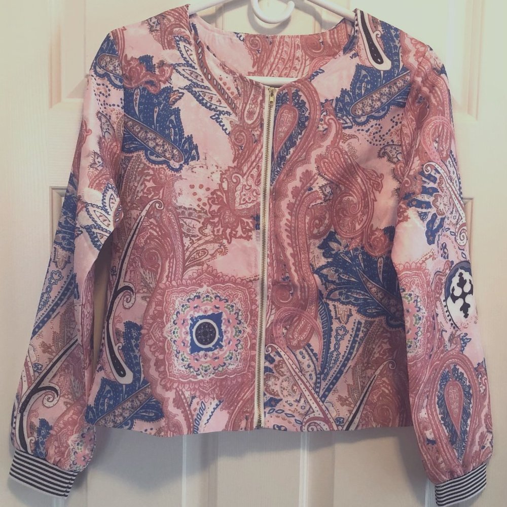 Bomber Style Short Jacket Cute Pink & Blue Print